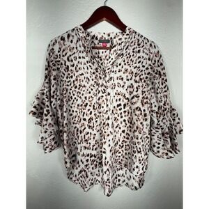 Vince Camuto Womens XS Leopard Print Ruffle Sleeve Split V-Neck Blouse Top White